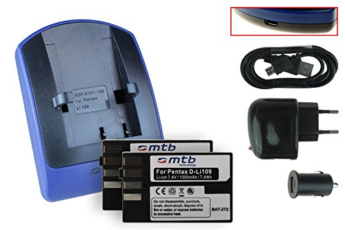 2 Batteries + Chargeur (USB/Auto/Secteur) D-Li109 pour Pentax K-30, K-50, K-500, K-r, K-S1, K-S2