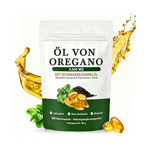 #VerdientProvisionen<br>Oregano Öl Kapseln 6000 mg – 180 Softgels – 2 in 1 Oregano Schwarzkümmelöl Kapseln – Oil of Oregano Vegan GMO Laktose Glutenfrei – Unterstützt Immunsystem