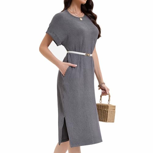 Image of Womens Casual T Shirt Dress Summer Fall Crewneck Loose Fit Side Split Knee Length Dress Ribbed Pattern with Pockets