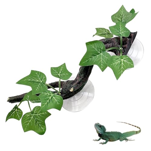 Image of PINVNBY Reptile Corner Branch Resin Climb Tree Branch Decor with Leaves Terrarium Plant Decoration with Suction Cup Gecko Plant Ornament for Amphibian Lizard Snake Climbing (1 Pcs)