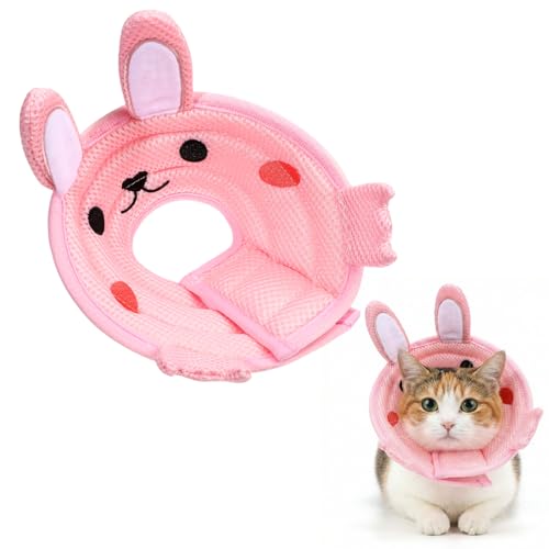 Nogeqi Soft Cone for Cats, Cute Rabbit Shape Cat Donut Collar, Adjustable Pink Cat E Collar, Lightweight Cats Cones to Stop Licking, After Surgery for Pets Small Dogs Kittes(M)