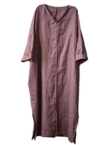 NFYM Women's Handmade Linen Tunic Dress Round Neck Loose Straight Midi Long Dresses with Pockets (as1, Alpha, one_Size, Regular, Regular, Dark Pink)