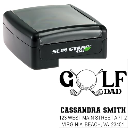 Image of Golf Dad Slim Pre Inked Address Stamp - 1-5 /8 Inch Square Imprint | Personalized Slim Stamp. Golf Address Stamp. Choice of 5 ink colors. Quiet stamping. Slim travel body. Stores flat.