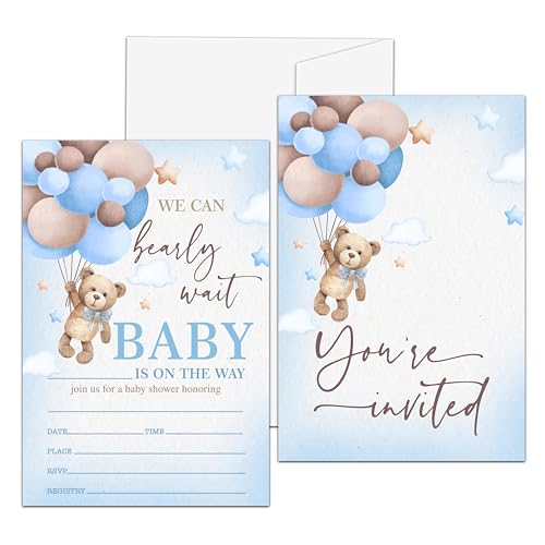 Bear Balloon Baby Shower Invitation, We Can Bearly Wait Themed Fill-In Invites for Boys Girls, 25 Invitations With Envelopes (4