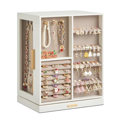 SONGMICS Schmuckkästchen 360° drehbar, Schmuckkasten 5 Schubladen, seitliche Glasfenster, geräumig, vertikale Schmuckaufbewahrung, offenes Design, Geschenkidee, wolkenweiß JBC170W01