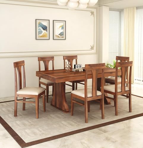 Image of SONA ART & CRAFTS Paan Solid Sheesham Wood Dining Table Set of 6 Dinner Dinning Table with 6 Cushion Chair for Dining Furniture for Living Room Home Hotel Office Self Assembly (Honey Finish)
