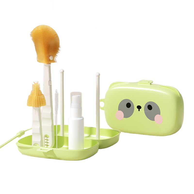 Lammcou Set de cepillos para biberones, 7in1 Kit de Limpieza portátil con Cepillo de Silicona, Cepillo para pezones & pajitas, dispensador de jabón, Caja de Almacenamiento, Soporte para Secado (Green)