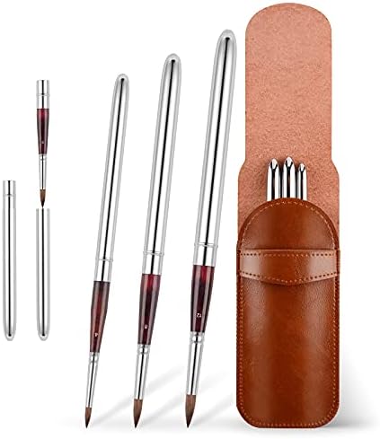 Kolinsky Travel Watercolor Brushes Sable Hair Round Watercolor Paint Brush 3Pcs Brushes Set Portable Compact Artist Brushes with Pocket Protective Case for Art Painting, Gouache, Acrylic Painting
