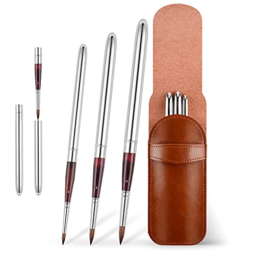 Kolinsky Travel Watercolor Brushes Sable Hair Round Watercolor Paint Brush 3Pcs Brushes Set Portable Compact Artist Brushes with Pocket Protective Case for Art Painting, Gouache, Acrylic Painting