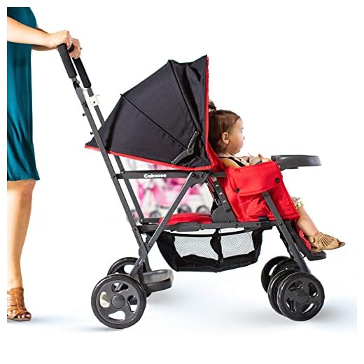 Joovy Caboose Sit and Stand Double Stroller with Rear Bench and Standing Platform, 3-Way Reclining Seats, Optional Rear Seat, and Universal Car Seat Adapter (Red)