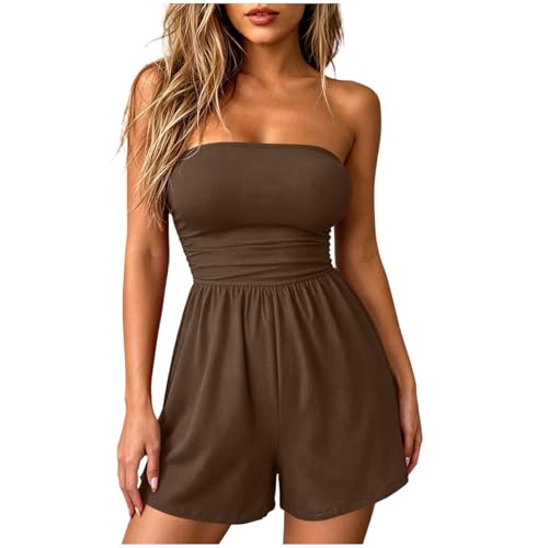 Image of OVARA Ladies Strapless Jumpsuit Summer Short Bandeau Playsuit Elegant Sexy One Piece Tube Romper Shorts Solid Plain Stretch Slim Fit Sleeveless Jump Suit for Women UK