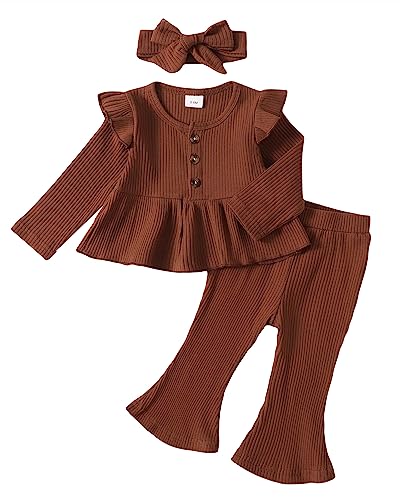 Image of Baby Girl Clothes Toddler Girl Cotton Outfit Rib Long Sleeve Shirt Top Solid Pants Infant Girls Set