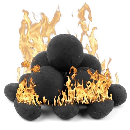 LJINNOVEX Ceramic Fire Pit Stones Set - Includes 12 Black Pebble Stones and 5 Round 3-Inch Balls for Indoor & Outdoor Fireplaces and Fire Pits - Safe and Reusable