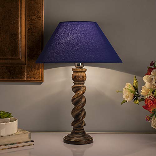 Image of Homesake Classic Twister Wooden Table Lamp with Fabric Shade | Handcrafted Bedside Lamp with E27 Holder| Bulb Included |Warm Light Night Lamp for Bedroom, Living Room, Study & Home Decor, Blue