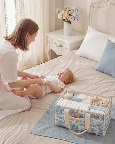 Image of Blissful Diary Toile Diaper Caddy Organizer, Baby Diaper Basket, Blue Toile