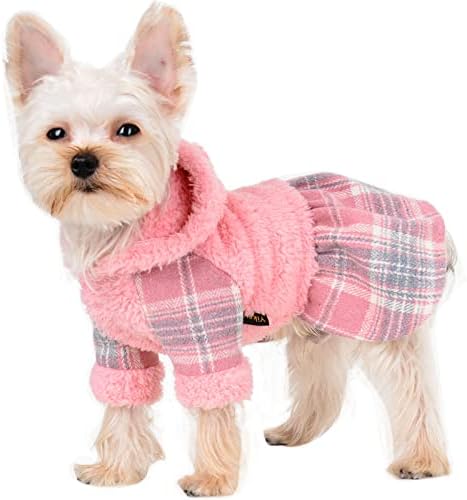 Winter Dog Dress, Fleece Dog Sweater for Small Dogs, Cute Warm Pink Plaid Puppy Dresses Clothes for Chihuahua Yorkie, Soft Pet Doggie Clothing Flanne Lining Cat Apparel (Pink, X-Small)
