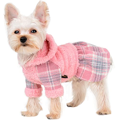 Winter Dog Dress, Fleece Dog Sweater For Small Dogs, Cute Warm Pink Plaid Puppy Dresses Clothes For Chihuahua Yorkie, Soft Pet Doggie Clothing Flanne Lining Cat Apparel (Pink, X-Small) #TOP11