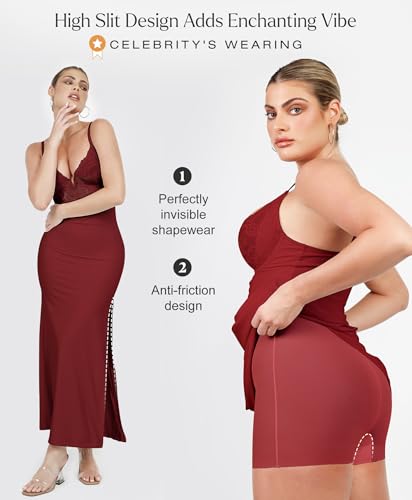Image of Popilush Maxi Dresses for Women Deep V Neck Shapewear Lace Satin high Slit Bodycon Cocktail Dress Party Going Out