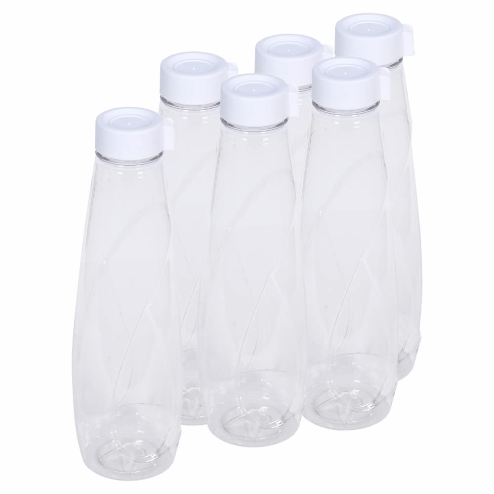 JMS we create smile 950ML Plastic Coloured Transparent Water Bottles - Juice Bottles BPA Free & Leakproof - Reusable With Screw Cap Lid For Sports School Home (6 Pieces, Clear)