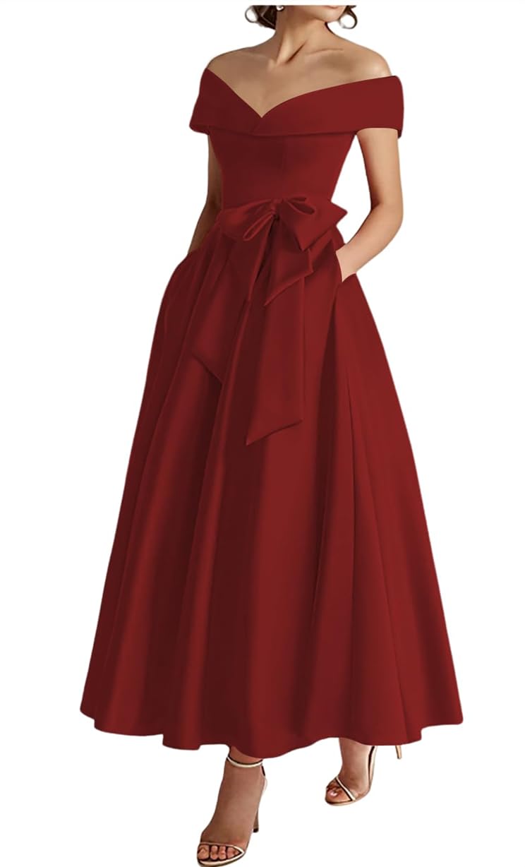 Wseyu Women's Wine Red Off Shoulder Mother Of The Bride Dresses With Bow Formal Evening Prom Gowns Tea Length Zm289 Uk16