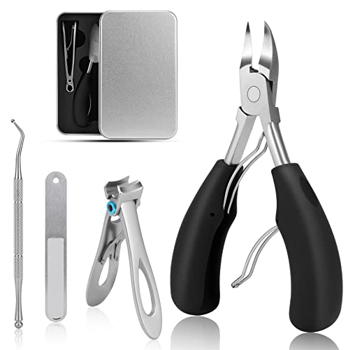 Thick Toenail Clippers Set For Ingrown Nails - 4 In 1 Professional Nail Clipper Heavy Duty Fingernail Big Toenail Trimmer With Nail File For Men Seniors (BLACK)
