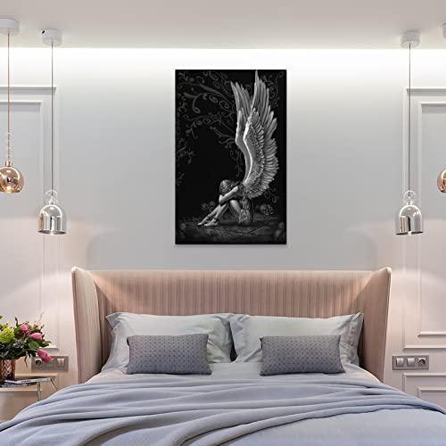 Hdydjs Black And White Angel Wings Poster Art Abstract Gothic Fallen Angel Canvas Painting Wall Art Poster For Bedroom Living Room Decor 24X36Inch(60X90Cm) Frame-Style #TOP7