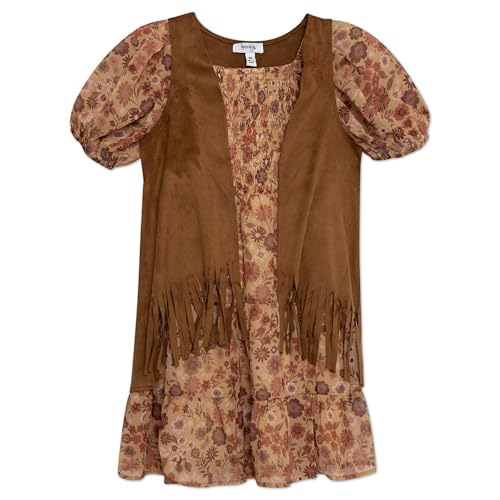 Speechless Girls' Puff Sleeve Smocked Bodice Chiffon Dress and Fringe Vest2