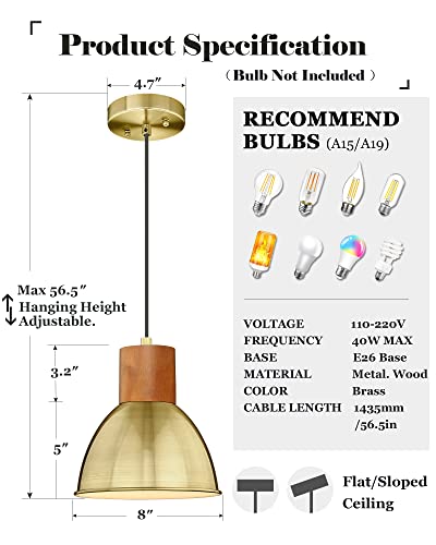 Elyona Vintage Pendant Light Fixtures 3 Pack Mini Rubber Wood Hanging Lamp Adjustable Mid Century Metal Pendant Lighting For Kitchen Island Farmhouse Dining Living Room Bar Hallway, Brushed Brass #TOP4
