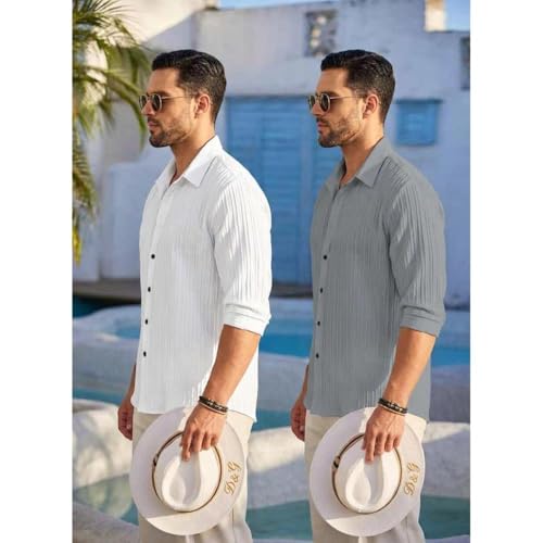 Image of FINIVO FASHION Men's Cotton Blend Shirt Set Lightweight, Full Sleeves, Plain Texture, Button Closure, Summer Ready (Pack of 2)