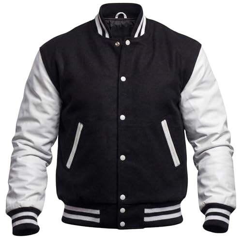 Men's Black Varsity Jacket Genuine White Leather Sleeves Wool Blend