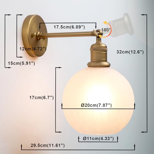 Image of Yosoan Brass Gold Wall Sconce with Ice Crackle Round Shade, 1-Light Antique Indoor Hardwired Vanity Lamp Wall Mount Vintage Industrial Light with Glass Shade for Bathroom Sink Kitchen Bedroom Hallway