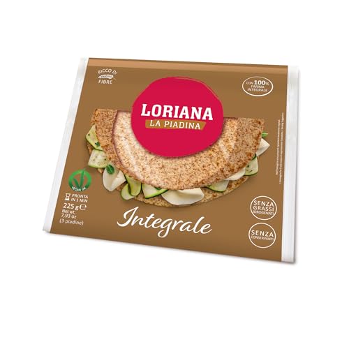 Loriana, La Piadina Integrale, Piadina Integrale Ricca di Fibre, Semplice e Leggera, senza Olio di Palma, Strutto, Conservanti, Grassi Idrogenati, Ingredienti OGM, 225 g 3 Piadine