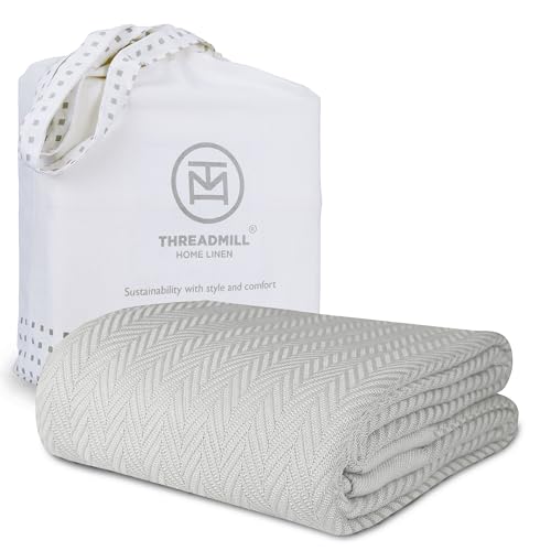 Threadmill Luxury Cotton Blankets for King Size Bed | All-Season Cozy 100% Cotton King Size Blanket | Herringbone Soft Fall Thermal Blanket fits California King Size Bed | Light Grey