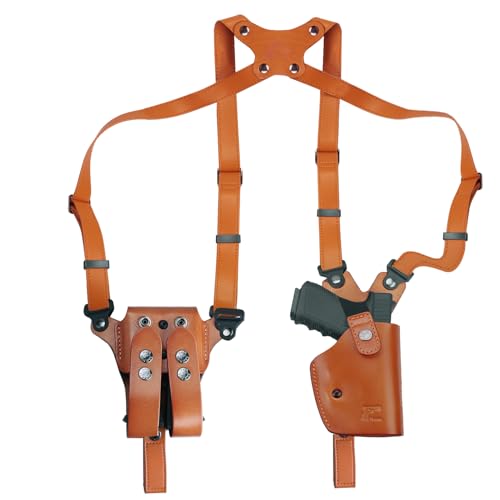 GUN & FLOWER Handmade Universal Leather Shoulder Holster with Double Mag Fits, Glock 17/19, 1911, Taurus G2C/G3C, M&P 9, Sig P220/P226, 92FS, Adjustable Vertical Concealed Holster, Right Hand