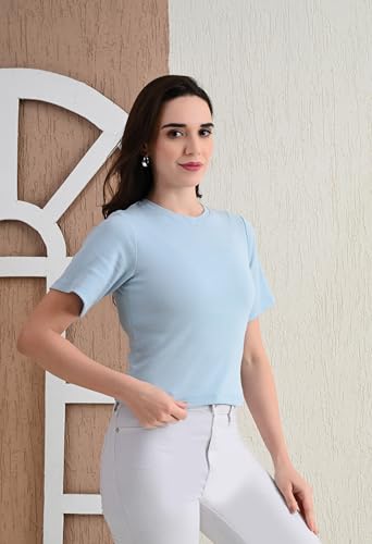 Image of Women's Cotton Ribbed Oversized Round Neck Half Sleeve Crop T-Shirt - Soft, Comfortable & Stylish Casual Top,(SkyBlue XXL)