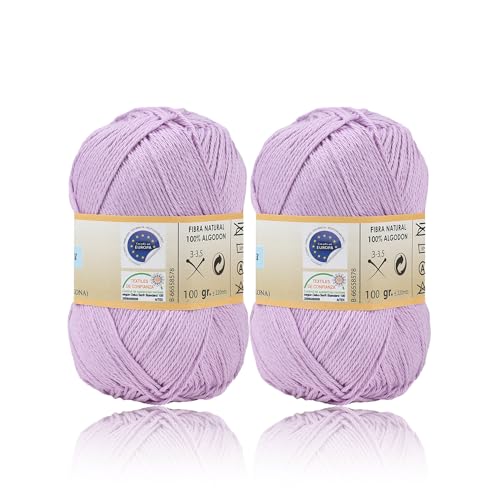 H HANSEL HOME Ovillo de Algodón Premium 100% Natural - Perfecto para Tejer y Ganchillo, Ideal para Crochet y Amigurumi, Lila, 100gr, 220m, Pack de 2pcs