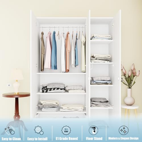 Image of VIKI Wardrobe | Wooden Almirah for 3 Door Wardrobe with 1 Drawer & Hanging Space with Mirror (Frosty White - 40D x 120W x 180.8H) | 1 Year Warranty | Free Assembly
