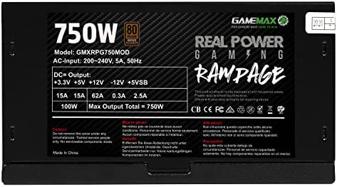 GameMax 750W Rampage Power Supply (No Power Cable inc.), Semi-Modular, APFC, Japanese Tk Main Capacitor, 80 Plus Bronze, 88% Efficiency, 14cm Cooling Fan, Real Power Gaming | Black
