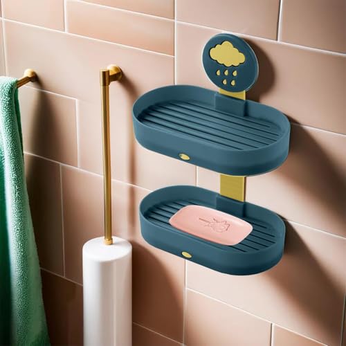 Image of UMAI Soap Holder | 2-Tier Bathroom Soap Tray | Kitchen Sink Dish | Wash Basin SoapHolder | Hanging Sink Organizer Plate | Self Adheshive SoapDish | Blue