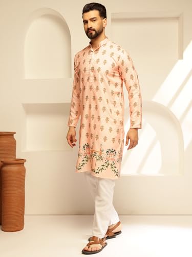 Image of SOJANYA (Since 1958 Men's Cotton Kurta Pyjama with Daman Print & Krochet Embroidery