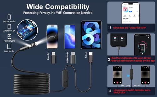 Cámara Endoscópica de Doble Lente con Luz, POLEDY 1920P HD Borescopio, 8 Luces LED Ajustables, Resistente al Agua IP67, Cámara de Serpiente de 5m, Cable Semirrígido para Inspección Compatible con Android e iOS miniatura 6