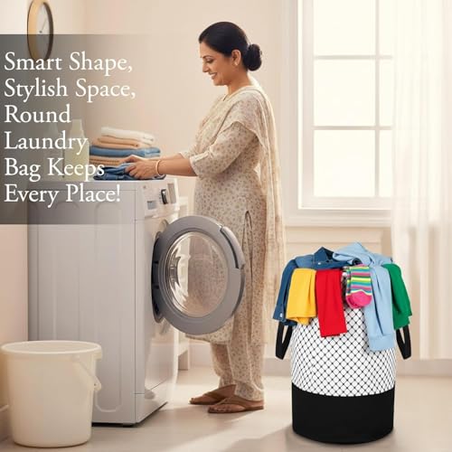 Image of GLUN Non-Woven Laundry Bag, Waterproof Round Shape Pack of 1 Polka Dot Printed Storage Bag, Lightweight & Durable Bag for Toys, Clothes, Stationery Items, Space Saving Design