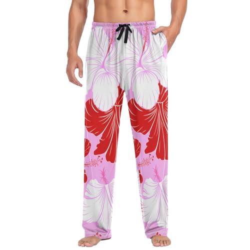 Men's Pajama Pants Red White Hibiscus Flowers Sleep Pajama Lounge Pant with Pockets, Elastic Waistband3