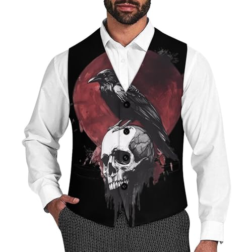 Crow Standing on Skull Casual Suit Vest for Men Formal Business Dress Regular Fit Waistcoat Tuxedo
