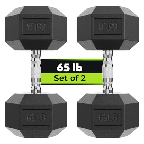 Hex Dumbbell Rubber Encased Strength Training Dumbbells Hand Weight For Workout & Exercise/Pair of 65LB