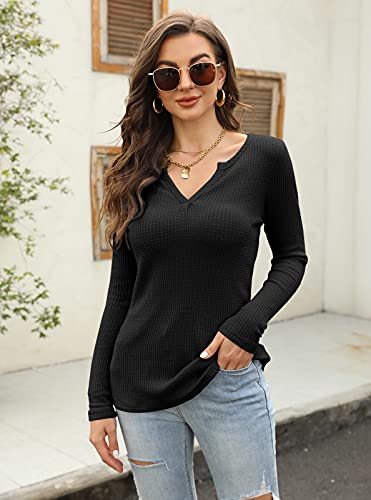 Women's Henley Shirts V Neck Waffle Knit Casual Long Sleeve Pullover Sweater Blouses Black #TOP2