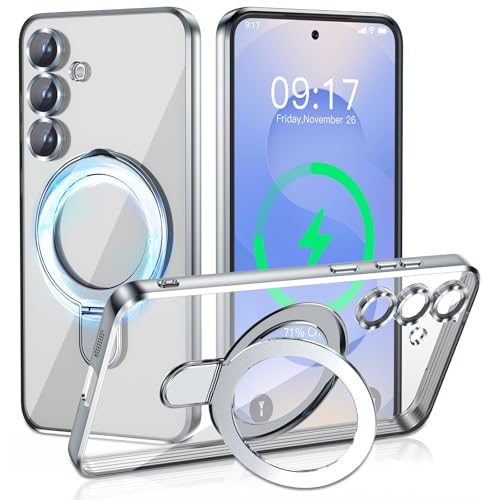 Image of Magnetic Stand & Full Camera Lens Protector Case for Samsung Galaxy S25 [Compatible with MagSafe][Military Drop Protective] Not Yellowing Clear Slim Soft S25 Phone Case for Women Men,Silver
