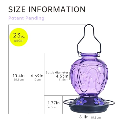 Image of Glass Hummingbird Feeder for Outdoors Hanging,24Ozs Humming Bird Nectar Feeder Perch,5 Flower Feeding Ports, Leak Proof Base and Hook for Outside Garden Backyard Decor, Gifts for Women Mom,Purple