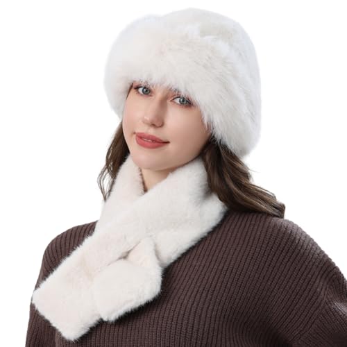 fauson TZ Hat and Scarf Set for Women, Faux Fur Hat Scarf Set Soft Thick War, Womens Winter Scarfs Hats Fuzzy Fluffy Plush Thick White