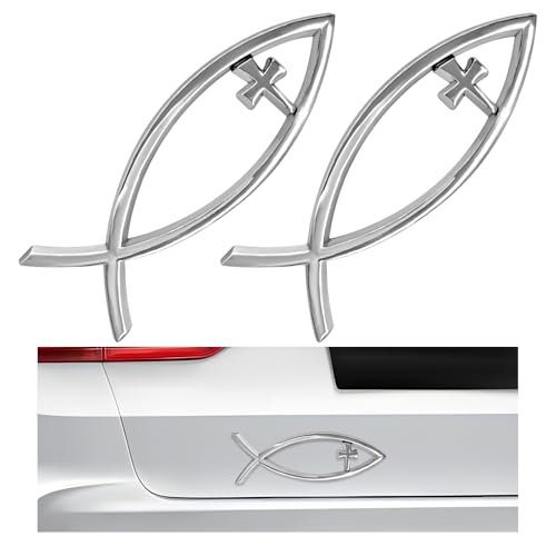 Image of 2PCS Christian Cross Fish Car Emblem, Large Jesus Fish Cross Auto Emblem Badge Bumper Sticker, Weatherproof Christian Fishes Symbol Ichthus Religious Decal for Most Vehicles (Silver)